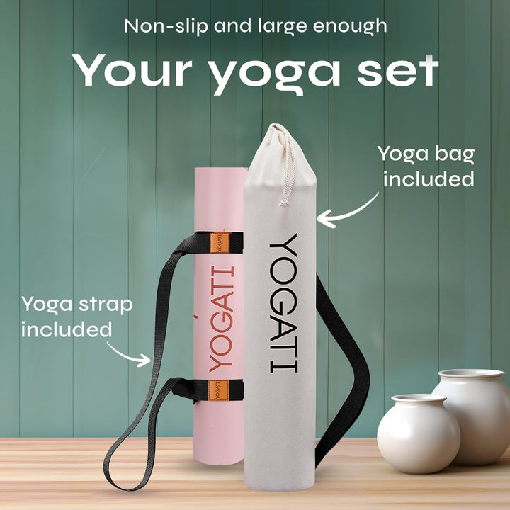 YOGATI® Yogamatte rutschfest Naturkautschuk mit Tasche - Yoga Matte gross mit Markierung, Sportmatte
