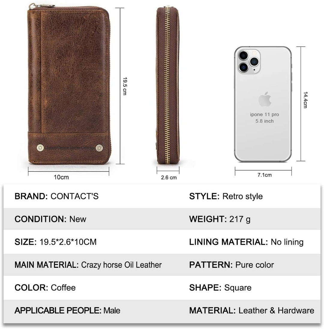 Contacts RFID Blocking Echtleder Herren Reissverschluss um Brieftasche Karte Telefonhalter Münzkuppl