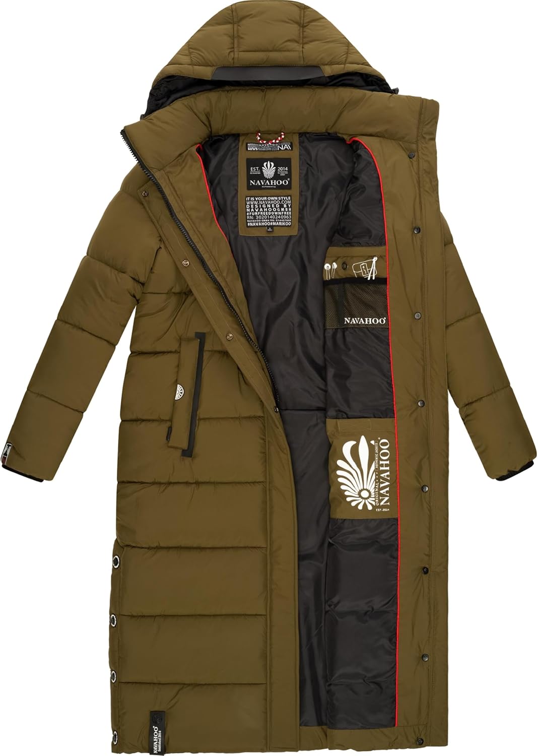 Navahoo Damen Wintermantel warmer Steppmantel lang mit abnehmbarer Kapuze Isalie XS-3XL XXL Millitar