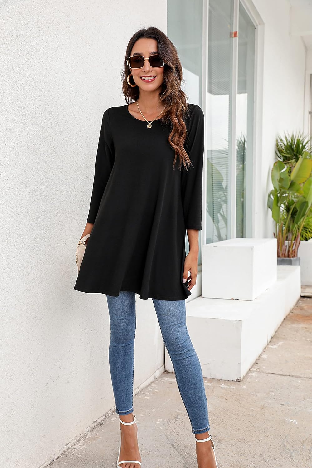 Enmain Damen Tunika Shirt Langarm/Kurzarm Bluse mit Blumen Longshirt Casual Elegante 3/4 Ärmel Rundh