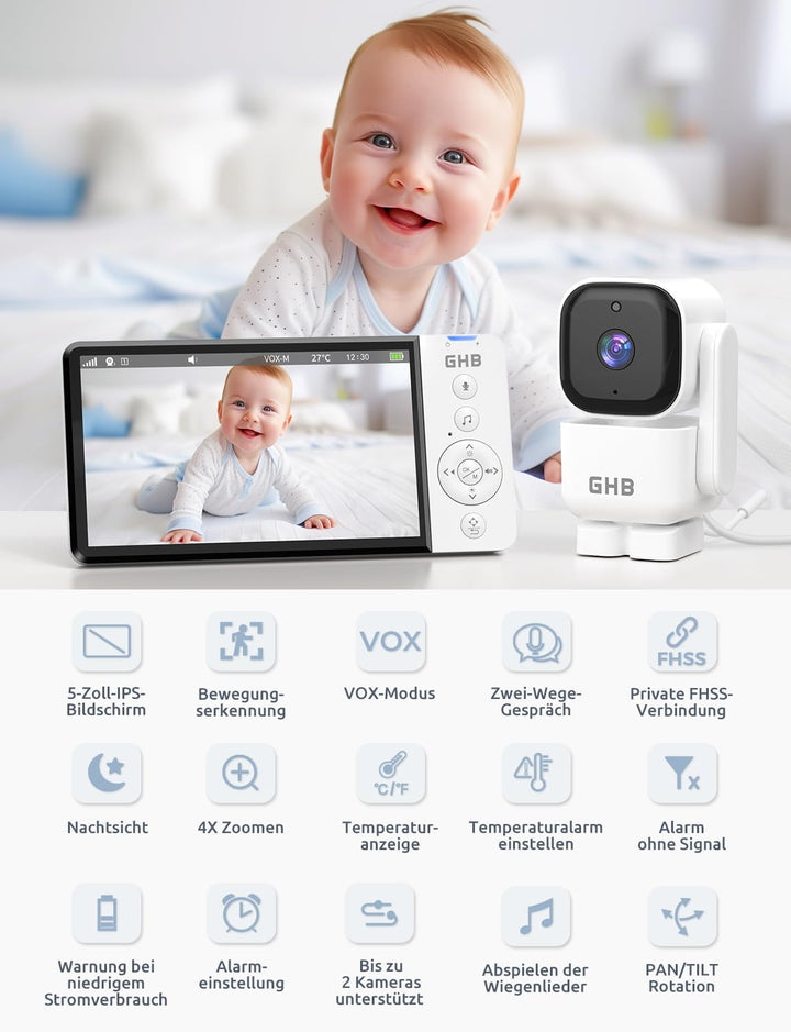 GHB Babyphone mit Kamera 5 Zoll 720P HD Display mit bis zu 168h Akkulaufzeit im VOX Bewegungserkennu