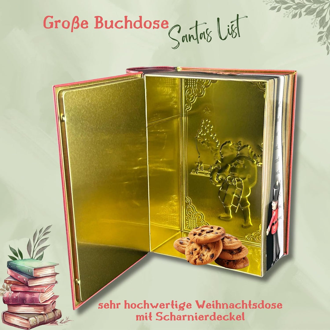 Grosse Buchdose Santa´s List - aufwändig geprägt und bedruckt. Der Weihnachtsmann bereitet sich vor