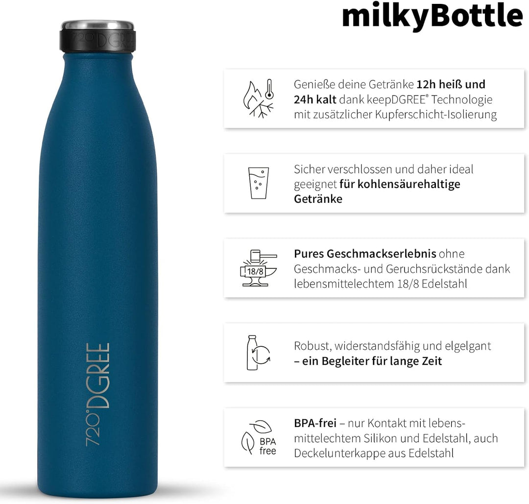 720°DGREE Edelstahl Trinkflasche “milkyBottle” - 1L - BPA-Frei, Auslaufsicher, Kohlensäure geeignet