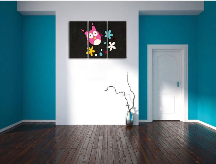 Pixxprint Fliegende Eule mit Blumen als Leinwandbild/Grösse: 3 Teilig (120x80) cm/Wandbild/Kunstdruc