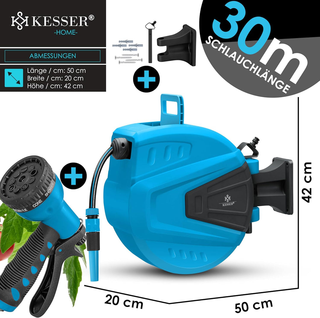 KESSER® Schlauchtrommel Wasser 30+2m Schlauchaufroller Inkl. 2-Wege-Verteiler + Multi-Handbrause Was