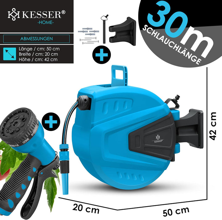 KESSER® Schlauchtrommel Wasser 30+2m Schlauchaufroller Inkl. 2-Wege-Verteiler + Multi-Handbrause Was