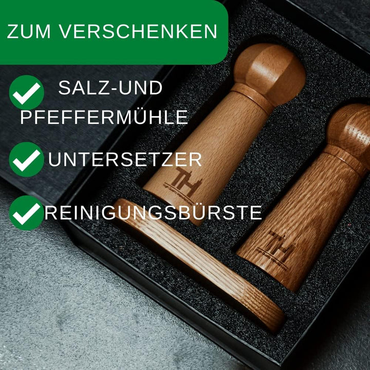 Profi Salz und Pfeffermühle Set - patentiertes Keramikmahlwerk - inkl. Untersetzer &amp; Reinigungspinse