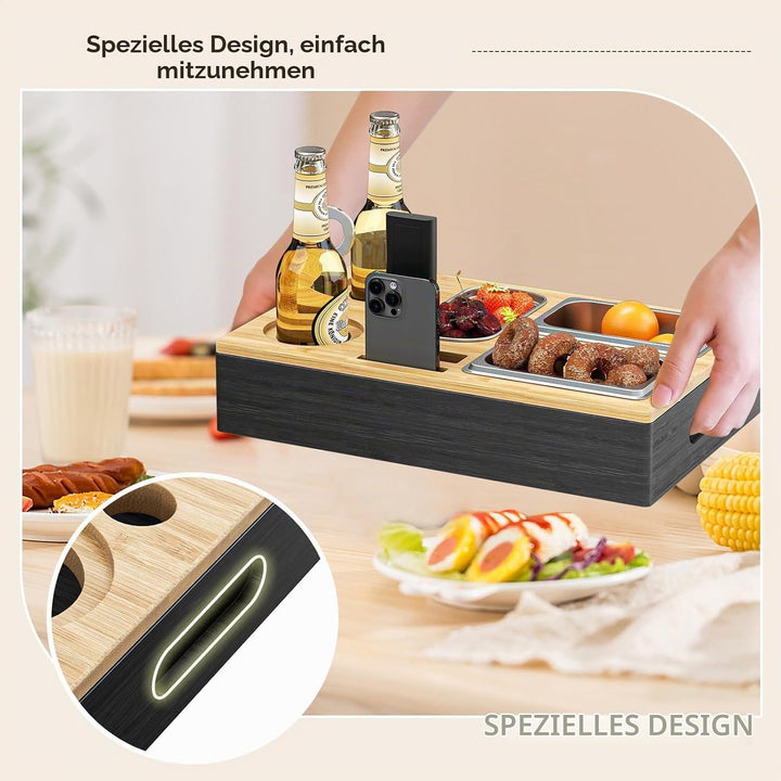 Couchbar Snackbox aus Bambusholz mit 3 Edelstahl-Schalen, Sofa Butler Organizer Tablett mit Getränke