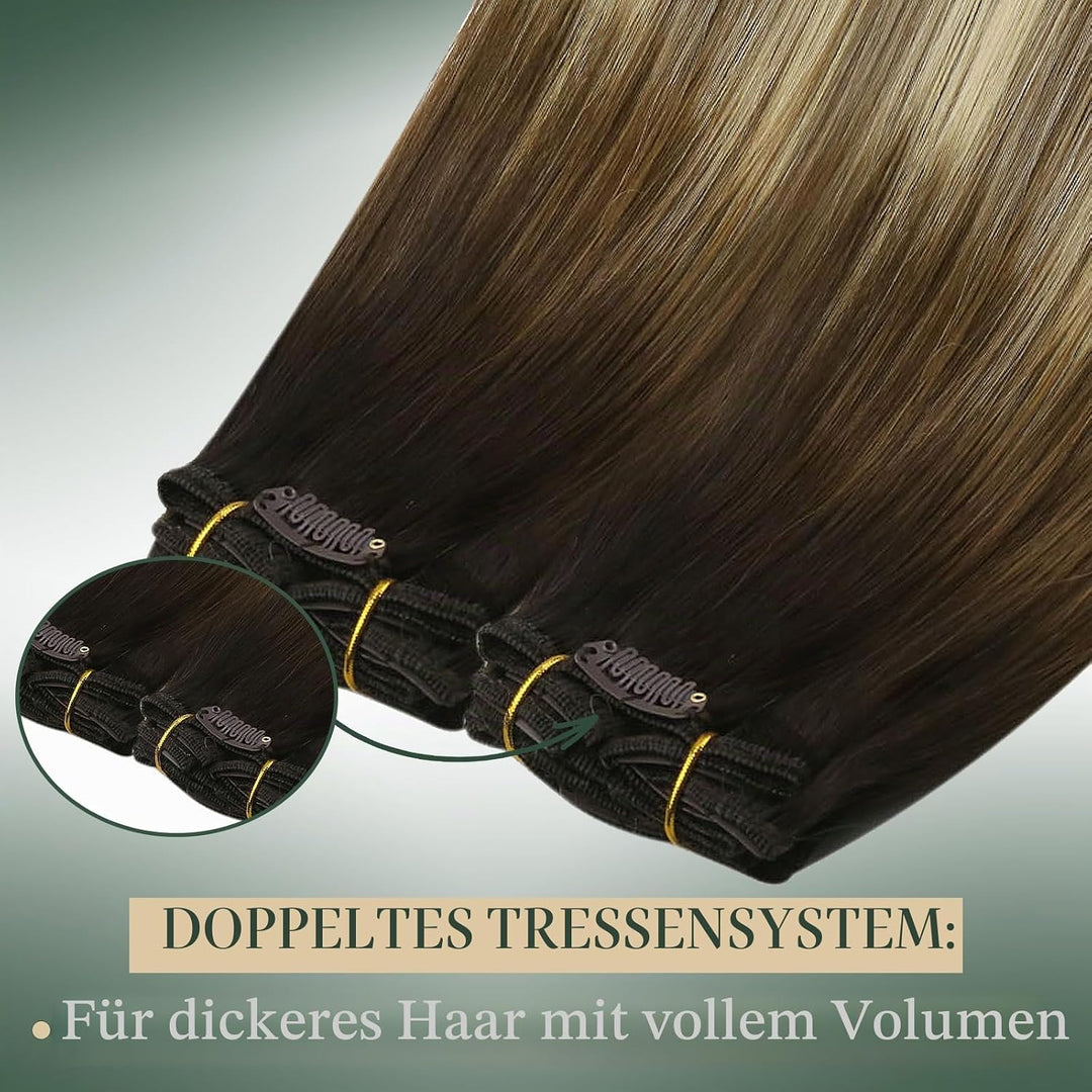 Ugeat 55cm Echthaar Extensions 120 Gramm Clip in Echthaar Tressen Clips Echthaar Dunkel Braun bis Mi