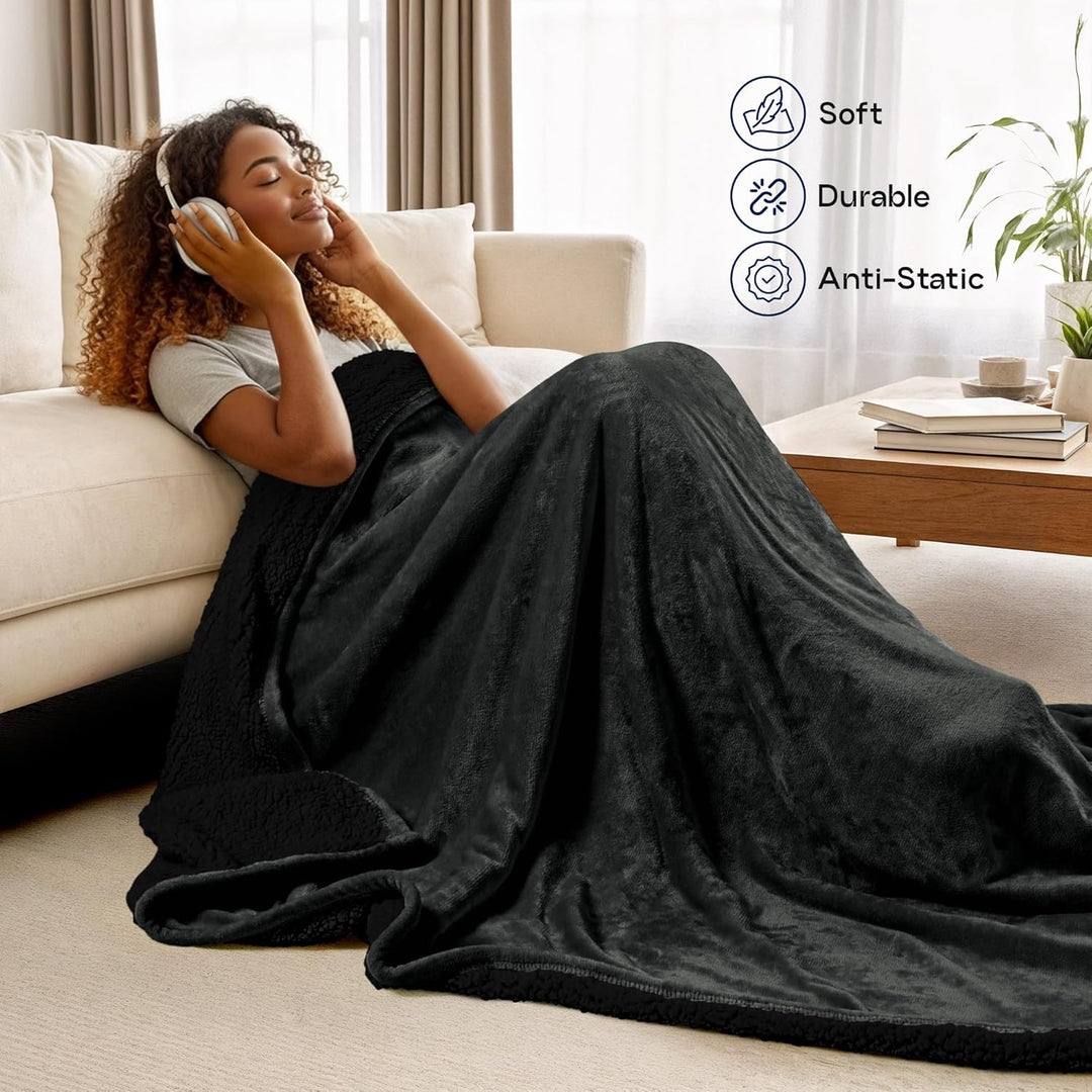 Utopia Bedding Sherpa Decke [Schwarz, 228x228 cm] - 480GSM Thick Warm Plüsch Fleece Wendedecke für B