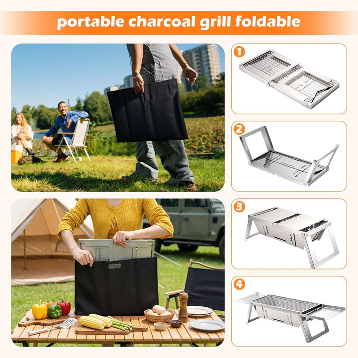 Kleiner Tragbarer Camping Holzkohlegrill, Mini tischgrill holzkohle mit 4-stufiger Hitzeverstellung,