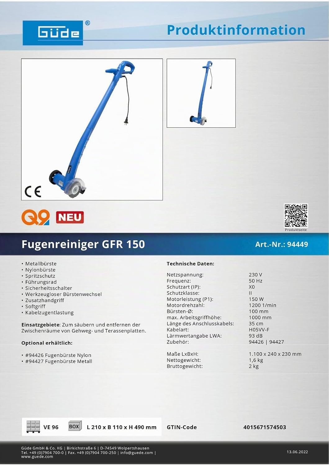 Güde Elektro-Bodenreiniger GFR 150 inkl. 2 Bodenbürsten
