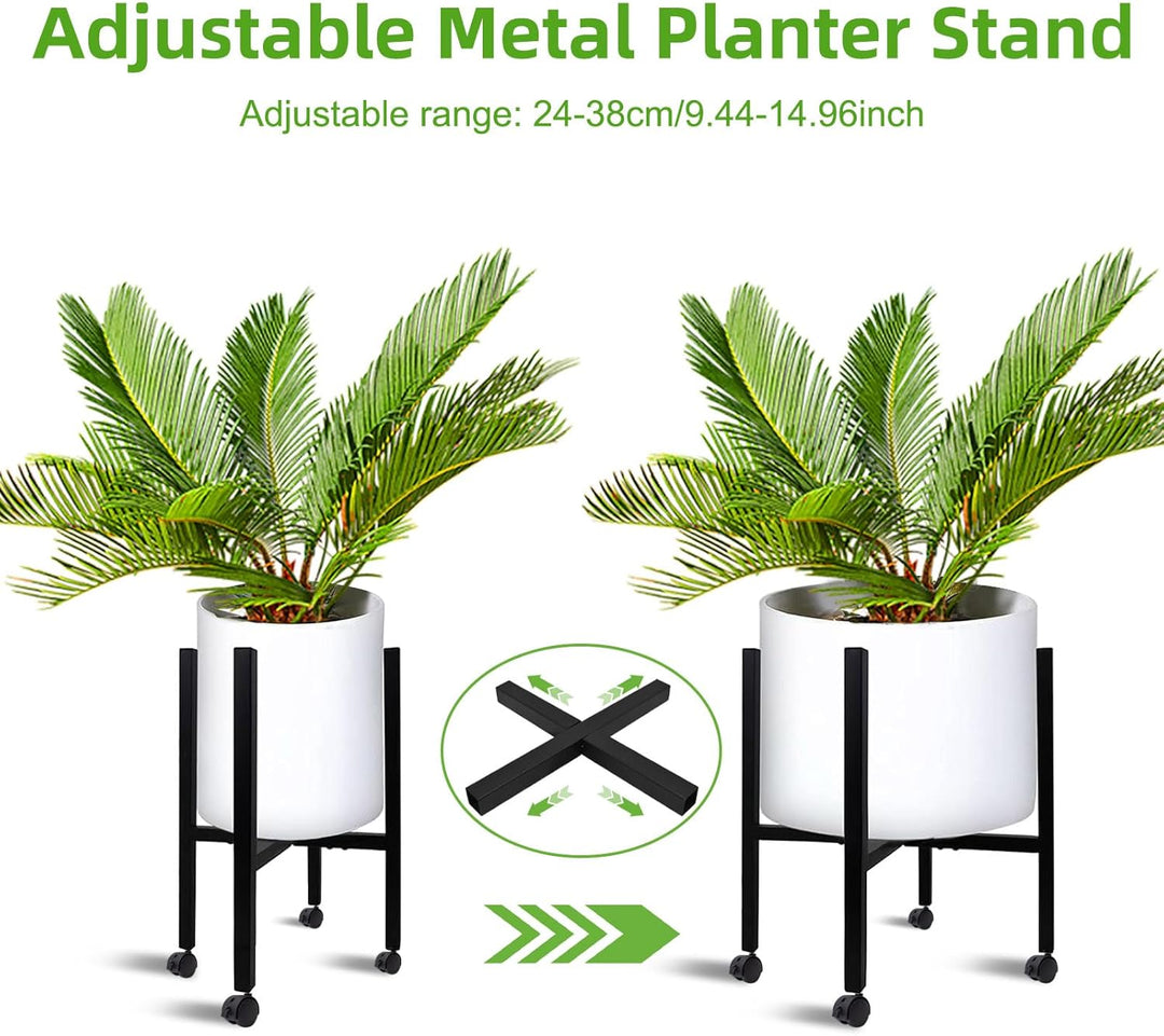 Verstellbarer Pflanzenständer, Blumenständer Metall Schwarz mit 4 Umlenkrollen für 24-38 cm Verschie