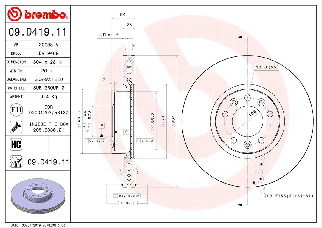 Brembo Bremsscheiben Vorne Innenbelüftet 2X Ø 304Mm | 09.D419.11
