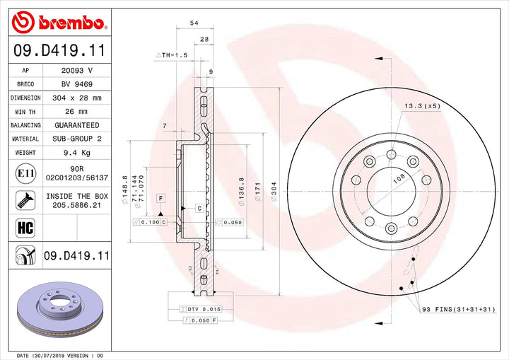 Brembo Bremsscheiben Vorne Innenbelüftet 2X Ø 304Mm | 09.D419.11