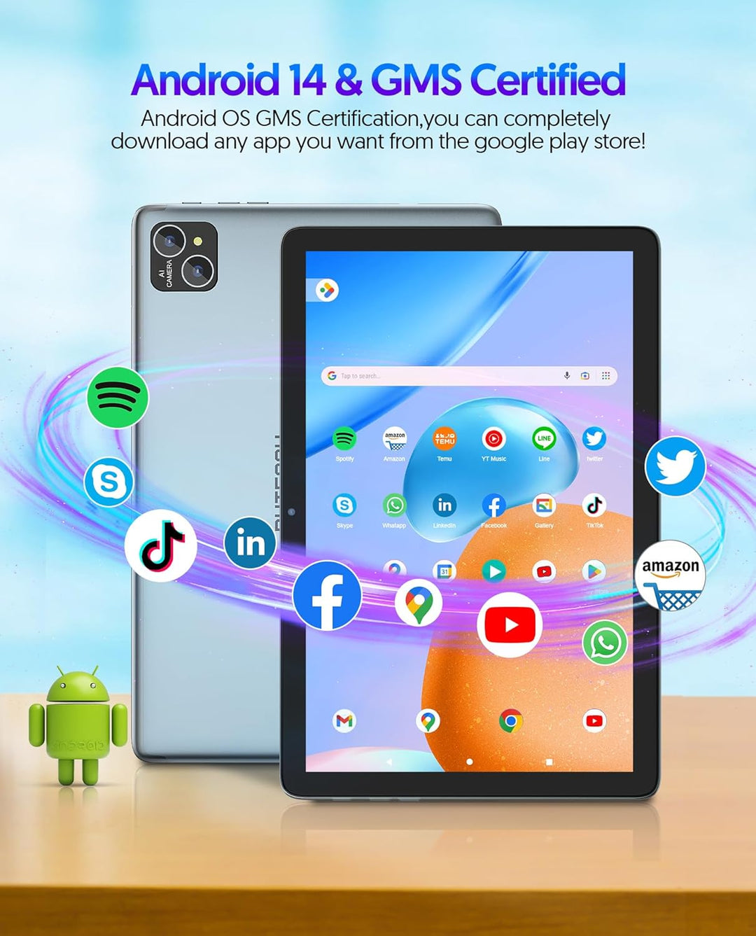 BAKEN Android 14 Tablet mit Tastatur, 10.1-inch, 128GB ROM+ 8GB RAM, 8000mAh Battery, Octa-Core, 2MP