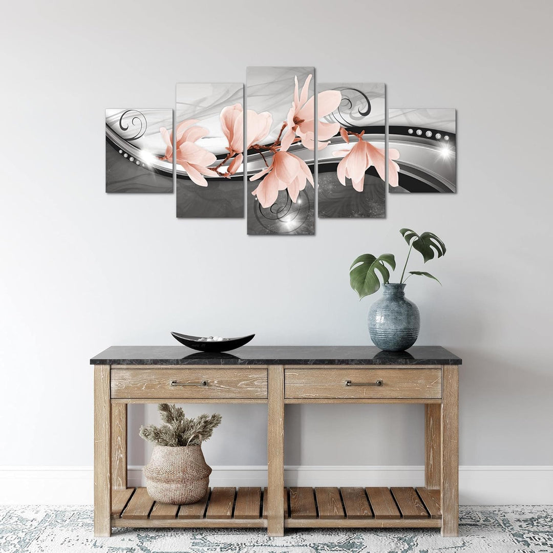 Runa Art Wandbilder Blumen Magnolien 5 Teilig Bild auf Vlies Leinwand Deko Wohnzimmer Abstrakt Schwa