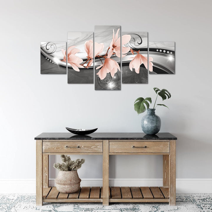Runa Art Wandbilder Blumen Magnolien 5 Teilig Bild auf Vlies Leinwand Deko Wohnzimmer Abstrakt Schwa
