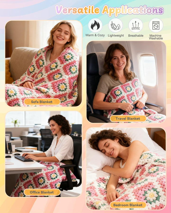 Coopay Granny Square Häkelset für Anfänger, Häkel Set für Gänseblümchen Decke 3D, Komplett Häkelset