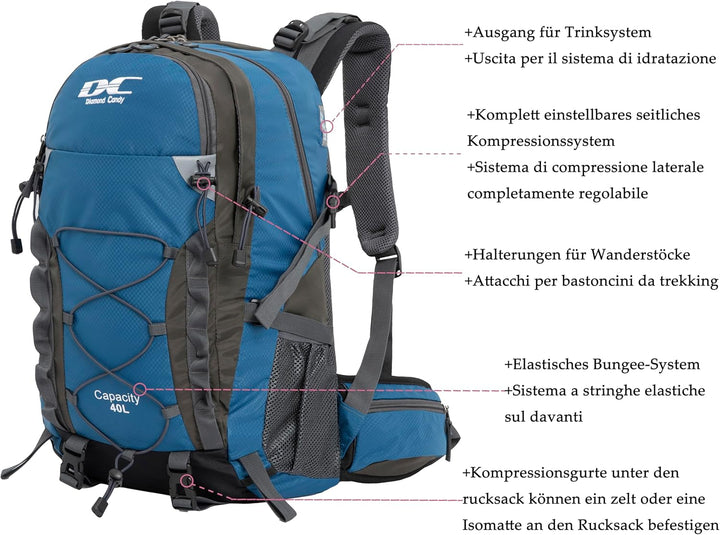Wanderrucksack 40l Damen Herren Rucksack Wasserdicht Reiserucksack mit Regenschutz Blau, Blau