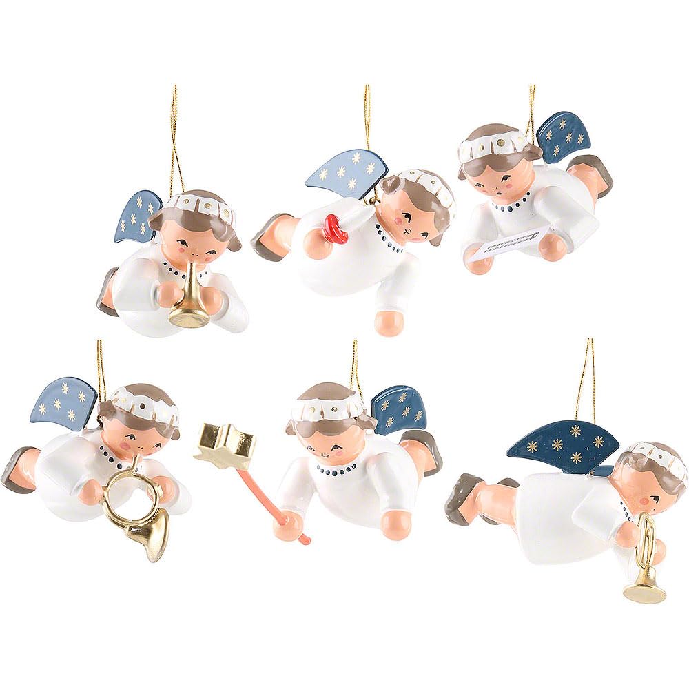 KWO Olbernhau Engel schwebend, 6-teilig, 4 cm, Holz, Mehrfarbig, klein, 3