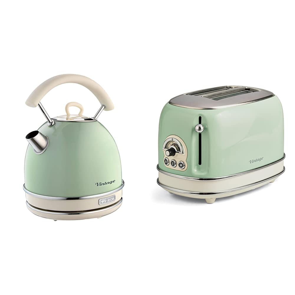 Ariete 2877 Vintage Wasserkocher, 2000 Watt, 1,7 Liter, beige/grün, Rostfreier Stahl, 1.7 liters & 1