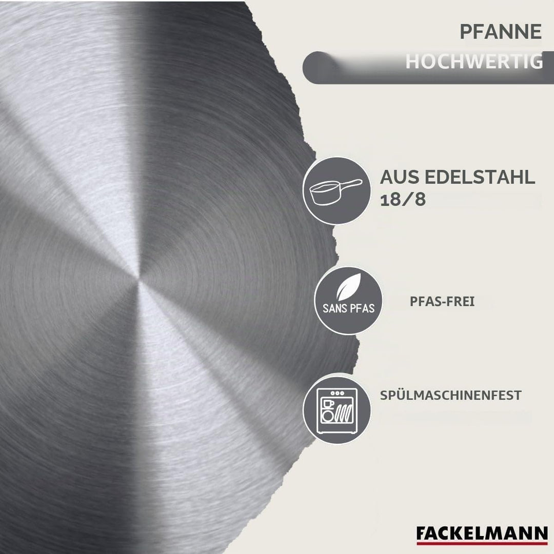 Fackelmann 9445250 Pfannen-Set, 3-teilig, 20, 24 und 28 cm, aus Edelstahl 18/8, 6 Küchenutensilien,