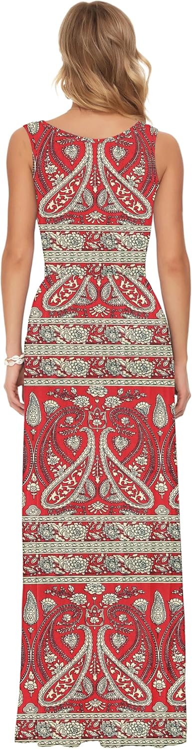AUSELILY Damen Sommer Ärmelloses Lockeres Maxikleid Lässiges Langes Kleid mit Taschen Boho Blumen Ro