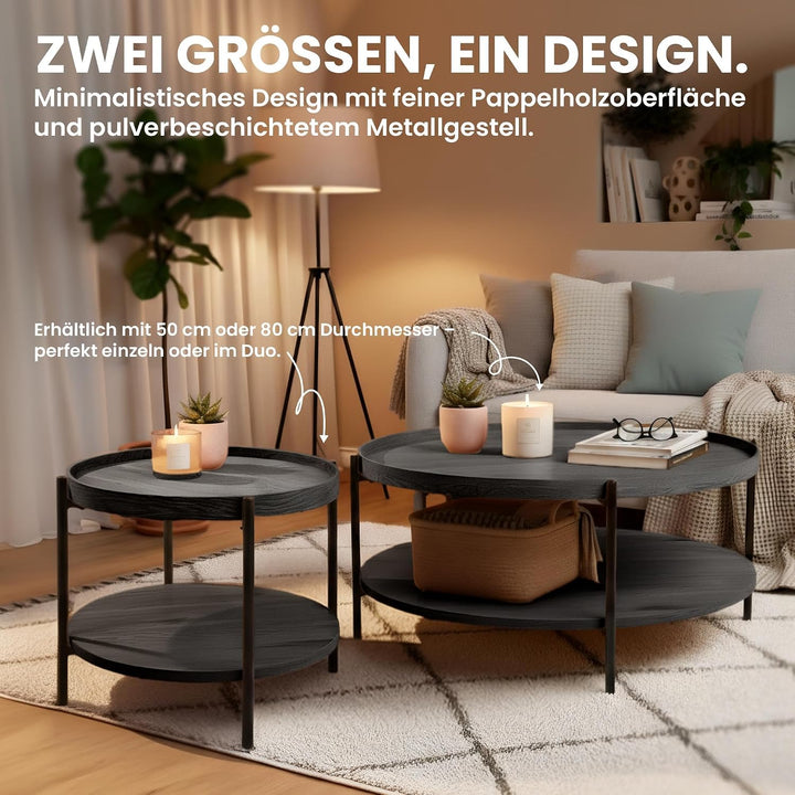 CLP Couchtisch rund Holz Corbitan, Sofatisch 2 Ebenen mit Stauraum, Beistelltisch klein Metallgestel
