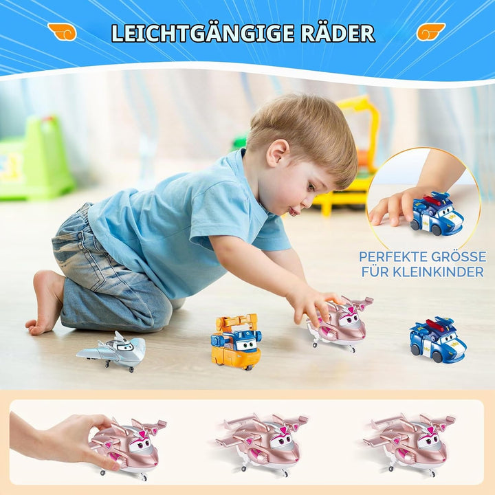 Super Wings Transforming Figuren 4 Pack, 5 cm Lucie &amp; Marty &amp; Traver &amp; Golden Girl, Roboter zu Flugz