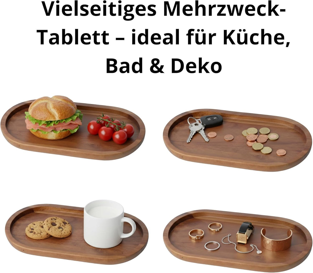 Serviertablett Holz Akazie Curve - Ovales Dekotablett für Küche und Bad. Ablageschale passend für Sa