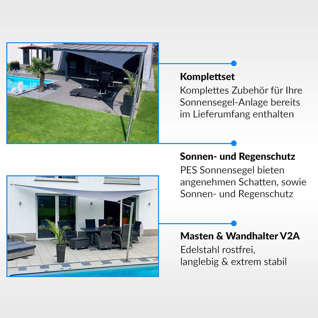 Toldoro® Sonnensegel 6x6x6 m dreieckig & regendicht/Komplettset inkl. 2X Wandhalter, 1x Mast mit Höh