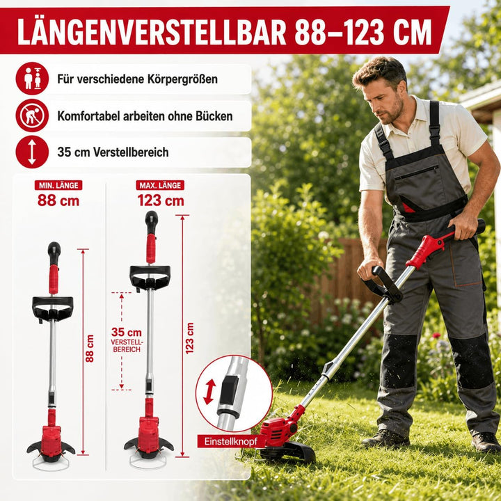 Akku Rasentrimmer mit Akku mit 3 Akkus und 3 Klingentypens