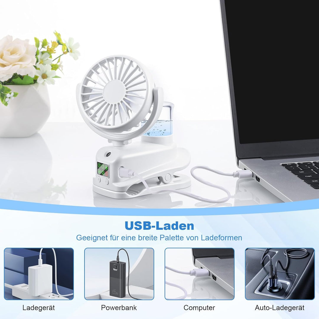 JIZZU USB Ventilator mit Wassernebel, 4 Geschwindigkeiten Wind Tischventilator mit Clip, Mini Ventil
