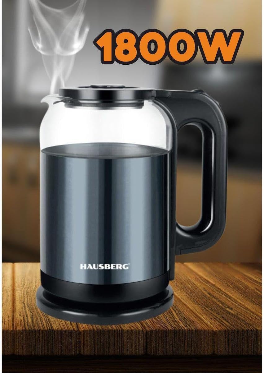 Wasserkocher 2L – Edelstahl & Glas – 1800W, Kabellos, mit LED-Beleuchtung – Automatische Abschaltung