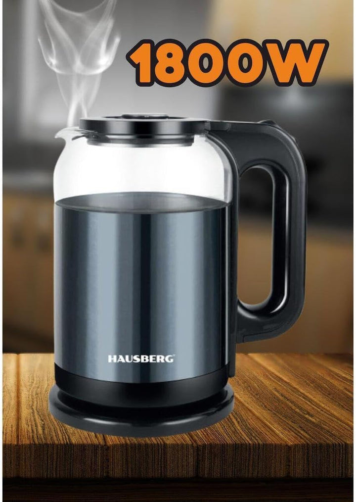 Wasserkocher 2L – Edelstahl & Glas – 1800W, Kabellos, mit LED-Beleuchtung – Automatische Abschaltung