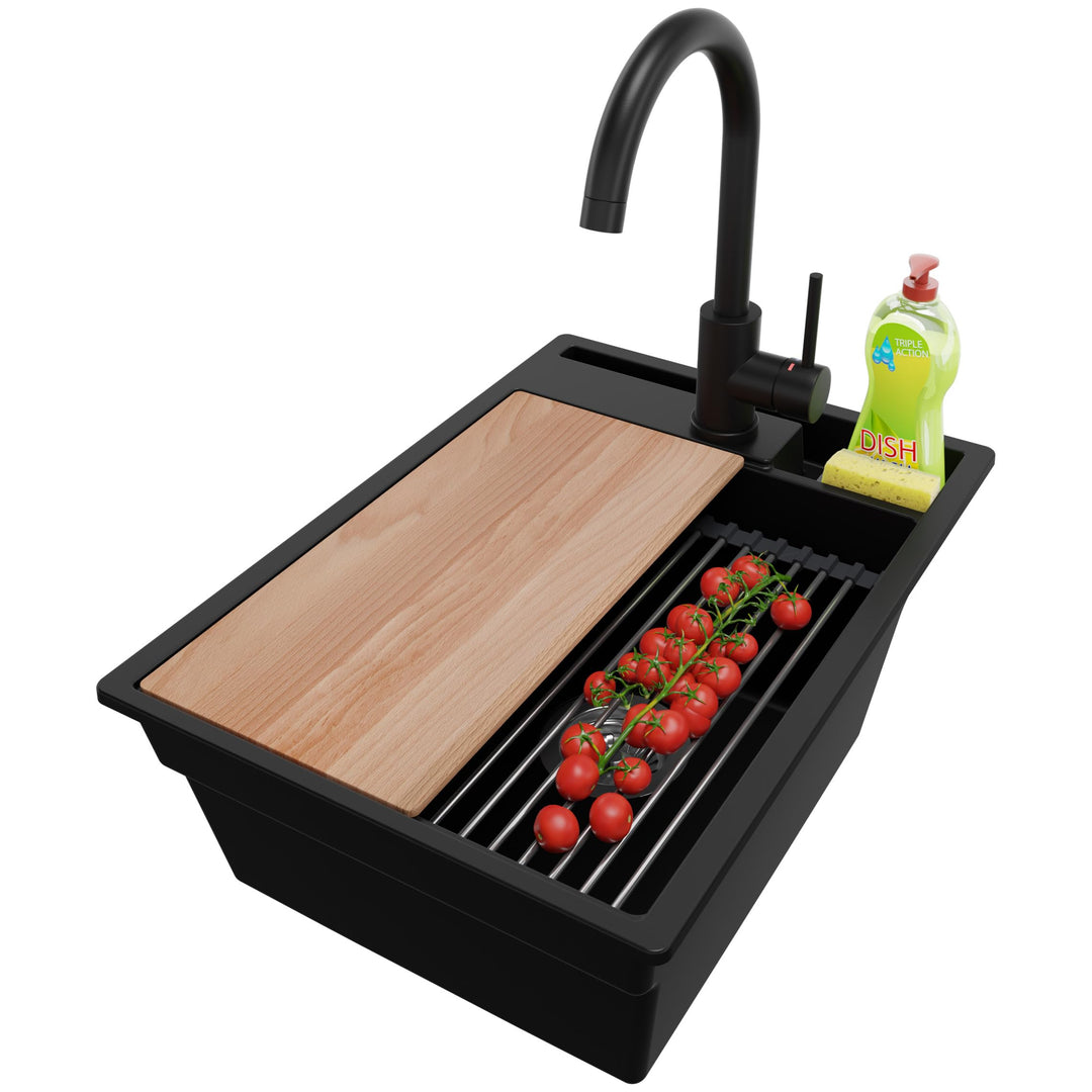 Spülbecken Schwarz 38x53 cm, Granitspüle 1 Becken + Ablauf-Set + Küchenarmatur, Küchenspüle ab 40er