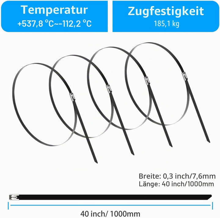 XINGO 25 Stück Edelstahl Kabelbinder, 1000mm x 7,6mm, Metall 304, Robuste Mehrzweck-Kabelbinder für
