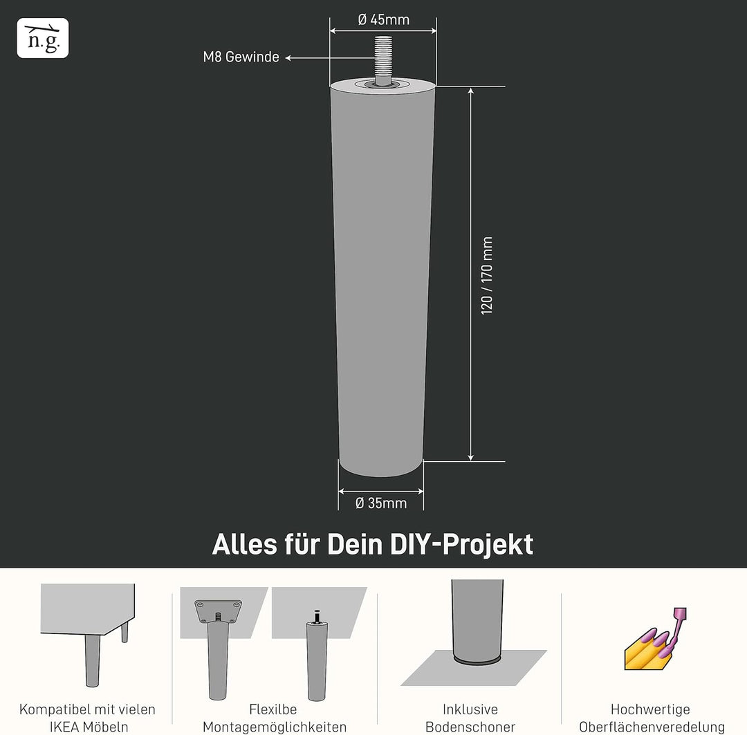 Natural Goods Berlin 4X Fusion Legs Möbelfüsse Set | Sofabeine Massivholz Eiche Schrankfuss | M8 Gew