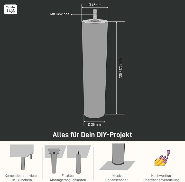 Natural Goods Berlin 4X Fusion Legs Möbelfüsse Set | Sofabeine Massivholz Eiche Schrankfuss | M8 Gew