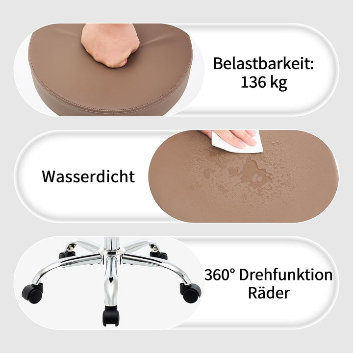 FIRAVOE Höhenverstellbarer Rollhocker aus Kunstleder, ergonomischer rückenloser Büro-Zeichenstuhl 49