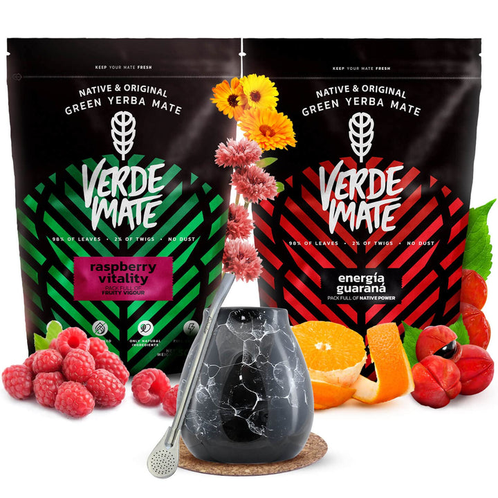 Mate Tee Set Verde Mate Energia Guarana & Raspberry 1kg - Yerba Mate aus Brasilien – 5mm Grobe Blätt