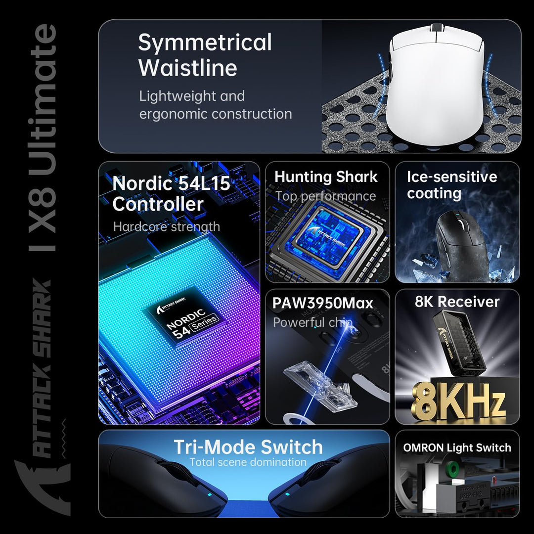ATTACK SHARK X8 Ultimate Mouse for Large Hand, 65g Superlight, Nordic 54L15MCU, PixArt PAW3950MAX Ga