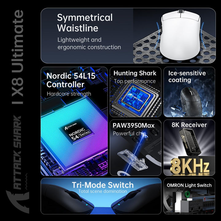 ATTACK SHARK X8 Ultimate Mouse for Large Hand, 65g Superlight, Nordic 54L15MCU, PixArt PAW3950MAX Ga