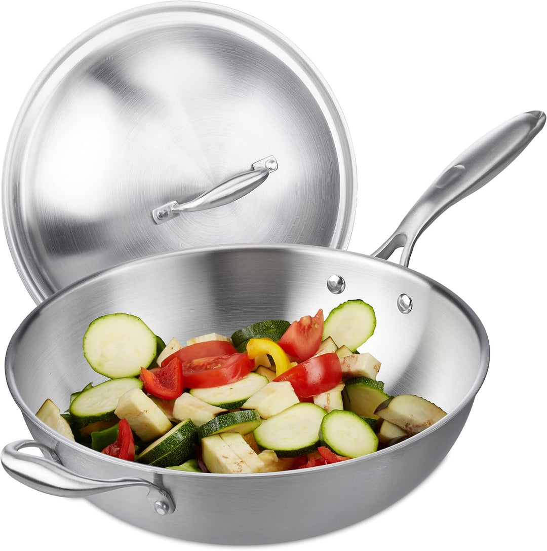 Relaxdays Wok, 32 cm, Edelstahl unbeschichtet, Gas-, Elektro-, Induktionsherd, Wokpfanne mit Deckel