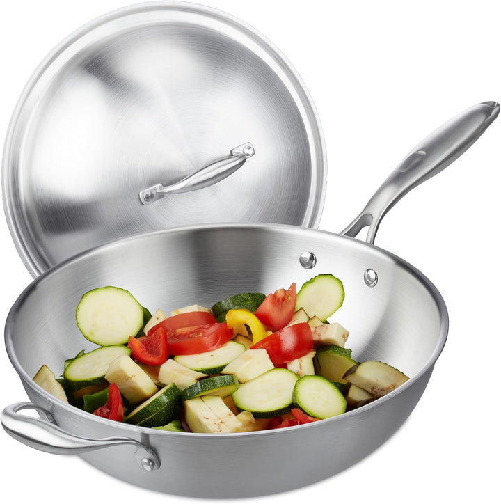 Relaxdays Wok, 32 cm, Edelstahl unbeschichtet, Gas-, Elektro-, Induktionsherd, Wokpfanne mit Deckel