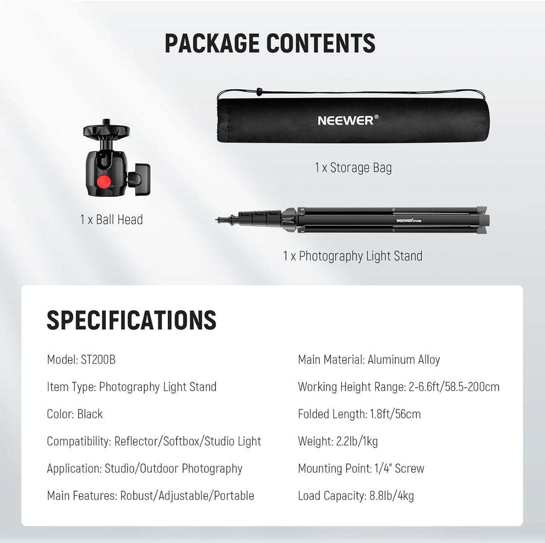 NEEWER ST200B Fotografie Lichtständer, 56–200cm, mit Kugelkopf, 1/4" Schraube, maximale Traglast 4kg
