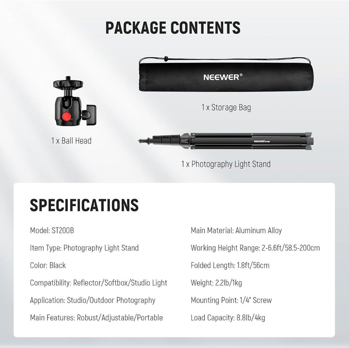 NEEWER ST200B Fotografie Lichtständer, 56–200cm, mit Kugelkopf, 1/4" Schraube, maximale Traglast 4kg