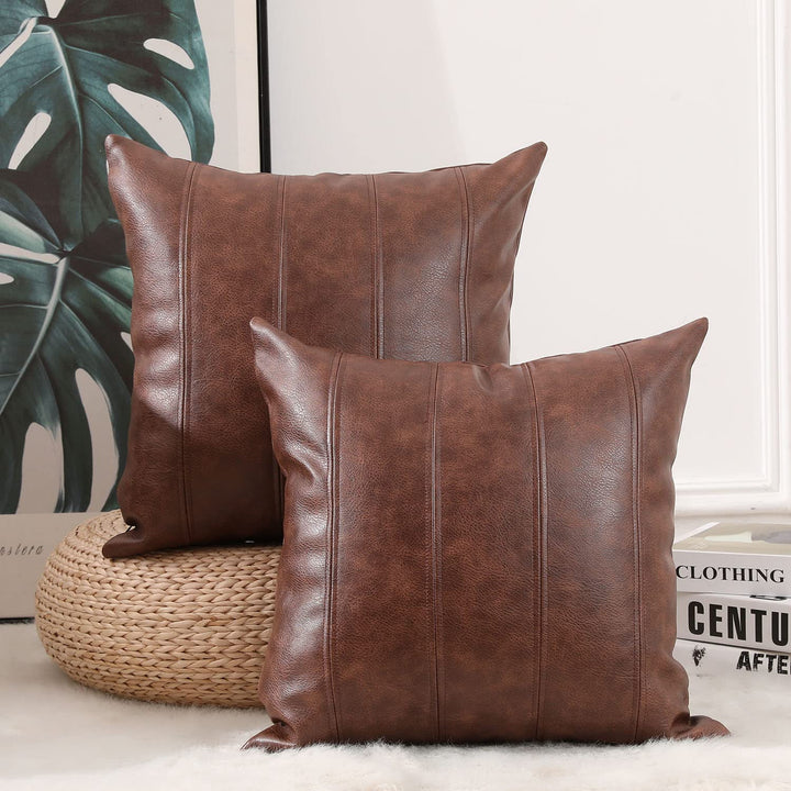 Yaertun 2 Set Kunstleder Kissenbezug 45x45 cm Gestreift Sofakissen Dekorative Kissenhülle Lederoptik
