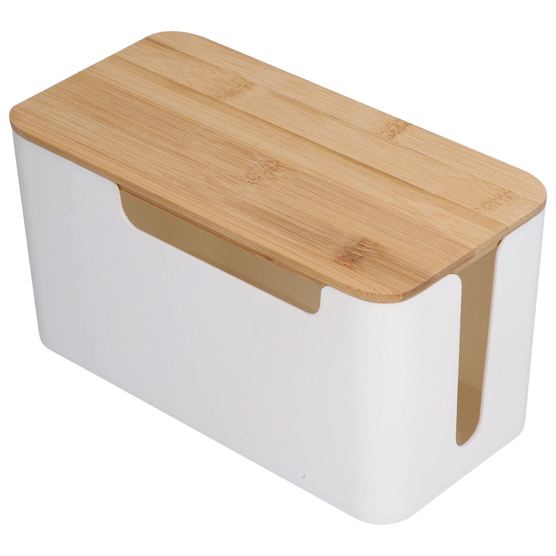Kabelmanagement Box mit Holz Deckel, 23 x 12 x 11,7cm Weiss Kunststoff Kabelbox Schreibtisch Kabel O